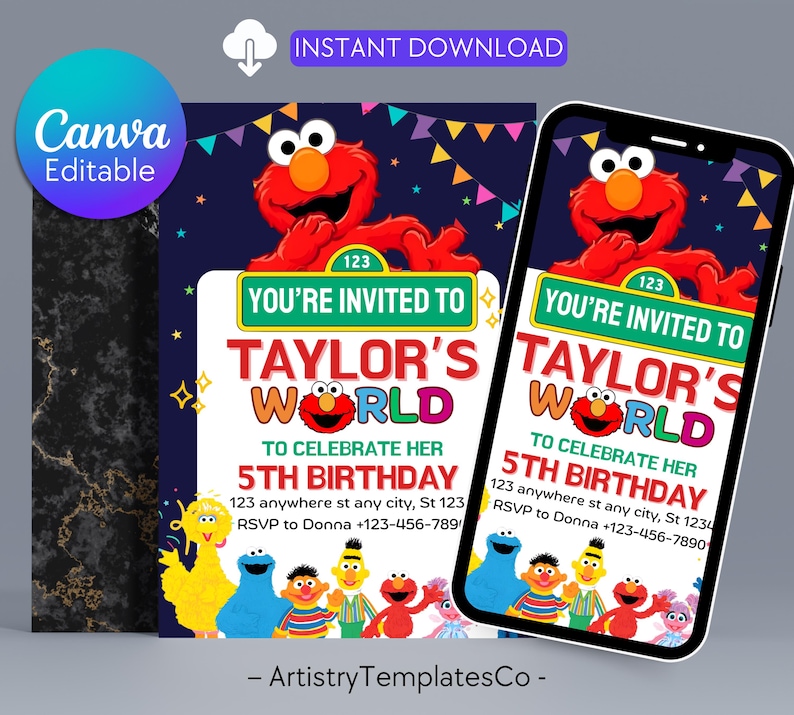 May include: A digital invitation for a 5th birthday party, featuring Elmo and other Sesame Street characters. The invitation is customizable and includes the text "You're Invited to Taylor's World" and RSVP information.