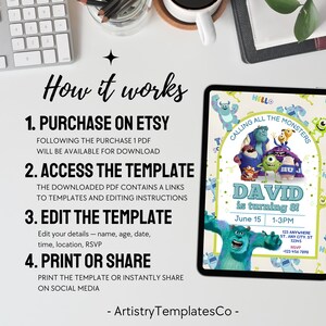 Monsters Inc Birthday Invitation, Monsters Inc Editable Kids Invitation, Monsters Inc Kids Party, Digital Kids Invitation Template image 10