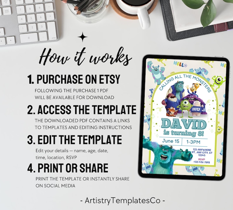 Monsters Inc Birthday Invitation, Monsters Inc Editable Kids Invitation, Monsters Inc Kids Party, Digital Kids Invitation Template image 10