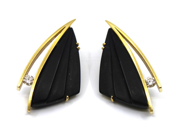 18K Solid Gold Ruud Kahle Carved Black Onyx & Dia… - image 2