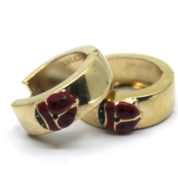 RCI 14k Solid Yellow Gold Red & Black Enamel Ladybug Hoop Earrings 0.75"in