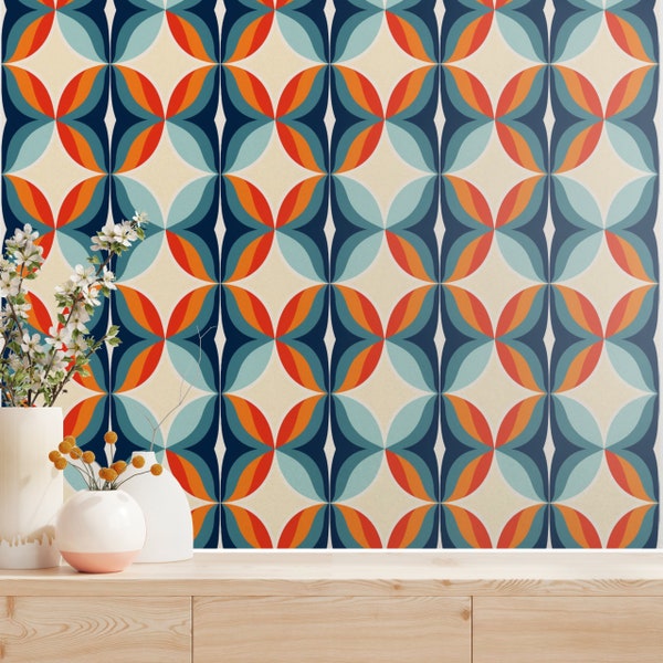 Retro Revival: Groovy Vibes Peel and Stick Wallpaper - 70's Inspired, Soft Edges, Vivid Colors, Orange, Taupe, Blue