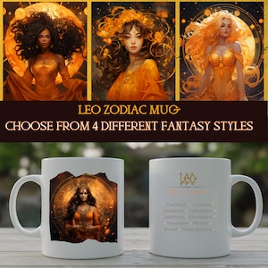 Kubek na kawę ze znakiem zodiaku Lew: Wybierz swoją spersonalizowaną bohaterkę z globalnej sztuki fantasy, kubków z tarota, horoskopu, astrologii, prezentu dla niej