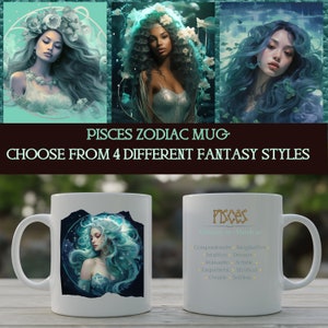 Kubek na kawę ze znakiem zodiaku Ryby: Wybierz swoją spersonalizowaną bohaterkę z globalnej sztuki fantasy, kubków tarota, horoskopu, astrologii, prezentu dla niej