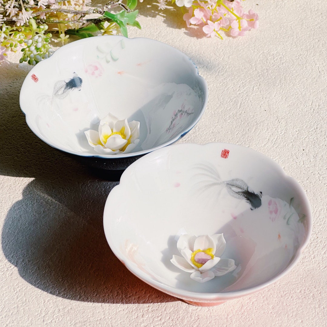 Handmade Ceramic Tea Cup With 3D Lotus & Traditional Goldfish Etsy