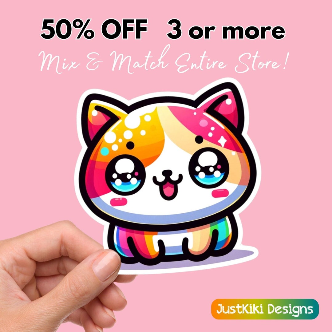Cute Kawaii Kitty Sticker, Colorful Cat Vinyl Sticker, Waterproof Decal ...