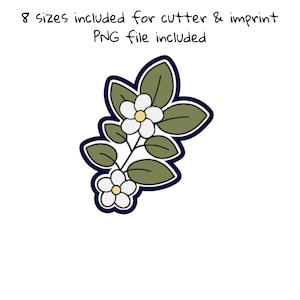 May include: A digital illustration of a white flower with a yellow center on a green stem with leaves. The flower is outlined in dark blue.