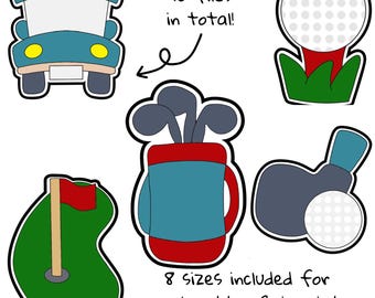 Conjunto de cortadores e impressões para biscoitos de aniversário com tema de golfe: bola, bolsa, carrinho, buraco, taco de golfe (arquivo digital STL)