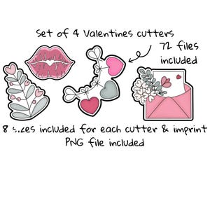 Pode incluir: Conjunto de quatro cortadores de biscoitos para o Dia dos Namorados, incluindo uma guirlanda de corações, uma carta de amor, um ramo de flores e um par de lábios. 72 arquivos incluídos, com oito tamanhos para cada cortador e um arquivo PNG.