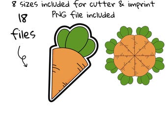 May include: A digital clipart set of 18 files featuring a carrot with green leaves in 8 different sizes. The carrot is orange and the leaves are green. The set includes a PNG file. 8 sizes included for cutter & imprint PNG file included.