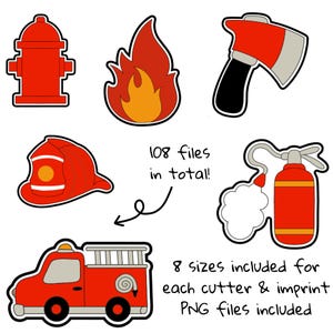 Peut inclure: Ensemble de graphiques sur le thème des pompiers, rouges et noirs. Comprend une borne-fontaine, des flammes, une hache, un casque, un extincteur et un camion de pompiers. Le texte indique "108 fichiers au total !"