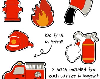 Cortadores de biscoito para aniversário com tema de bombeiros: machado, fogo, caminhão, capacete, extintor, hidrante (arquivo digital STL)