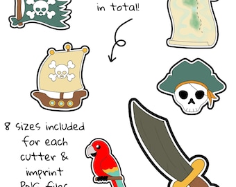 Conjunto de Cortadores de Biscoito Piratas: Navio, Mapa, Espada, Caveira, Bandeira, Papagaio (Arquivo Digital STL)
