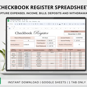 Digital Scheckbuch Register, Einnahmen und Ausgaben Tracker, Ausgaben Ledger, monatliche Budget-Vorlage, Saldo Tabelle, Bill Bezahlung, Finanzierung