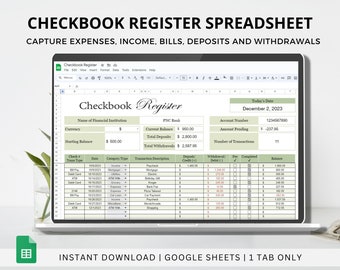 Digital Checkbook Register, Income and Expense Tracker, Spending Ledger, Monthly Budget Template, Balance Spreadsheet, Bill Pay, Finance Log