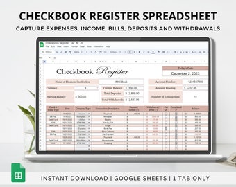 Digital Checkbook Register, Income and Expense Tracker, Spending Ledger, Monthly Budget Template, Balance Spreadsheet, Bill Pay, Finance Log