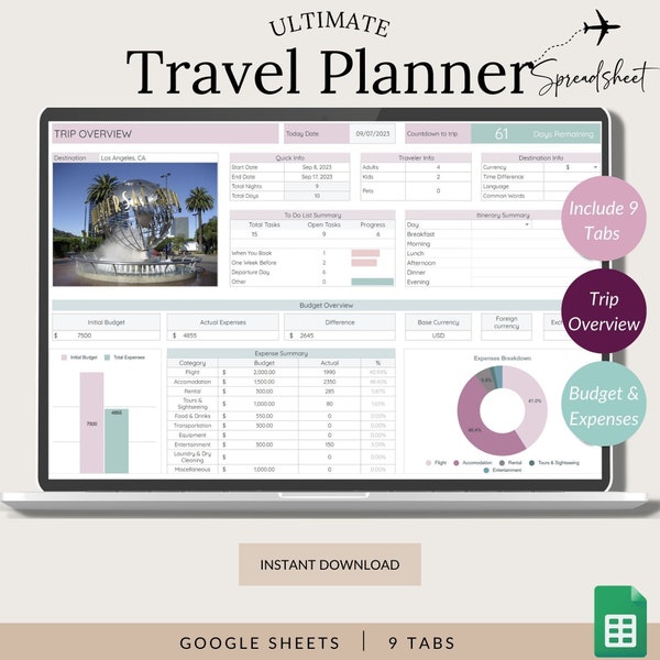 Agenda de voyage ultime Google Sheets, organiseur de voyage numérique, tracker de voyage, agenda de vacances Google Sheets, agenda de voyage,