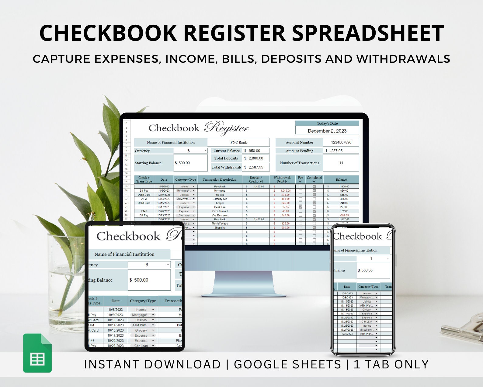 Digital Checkbook Register, Income and Expense Tracker, Spending Ledger ...
