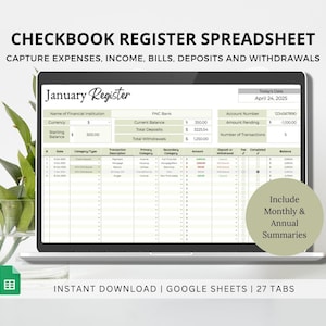 Digitales Scheckbuch-Register, Einnahmen- und Ausgaben-Tracker, monatliche Budgetvorlage, Saldentabelle, Rechnungszahlung, monatliche Jahreszusammenfassung