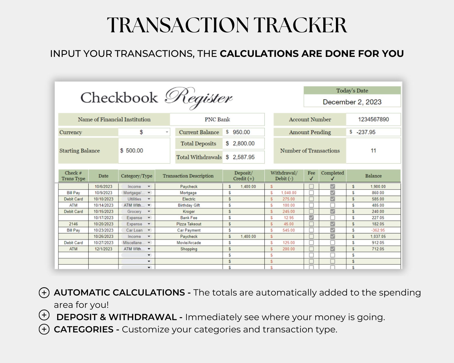 Digital Checkbook Register, Income and Expense Tracker, Spending Ledger ...