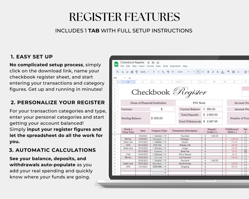 Digital Checkbook Register, Income and Expense Tracker, Spending Ledger ...