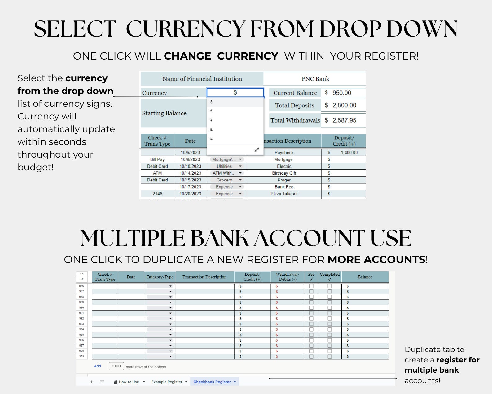 Digital Checkbook Register, Income and Expense Tracker, Spending Ledger ...