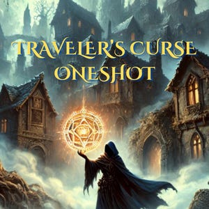 Peut inclure: Une silhouette encapuchonnée se tient dans un décor mystique, tenant un orbe doré brillant avec un motif en forme d'étoile. La silhouette est entourée de brouillard et d'un village de style médiéval en arrière-plan. Le texte "Traveler's Curse Oneshot" est affiché en lettres jaunes.