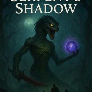 May include: Digital illustration of a fantasy scene with the text "THE SERPENT'S SHADOW". A serpentine creature with glowing yellow eyes holds a glowing purple orb and a red sword. Silhouetted figures stand below.