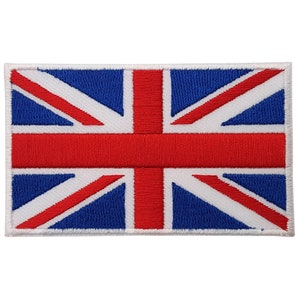 May include: An embroidered patch featuring the Union Jack flag of the United Kingdom, in red, white and blue.