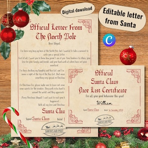 Carta personalizada de Santa - Certificado de lista agradable - Niños - Descarga instantánea, Plantilla editable, Imprimible