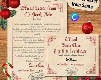 Carta personalizada de Santa - Certificado de lista agradable - Niños - Descarga instantánea, Plantilla editable, Imprimible