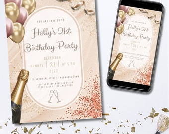 Plantilla de invitación de cumpleaños número 21, plantilla de fiesta de cumpleaños, descarga digital, editable, invitación de cumpleaños