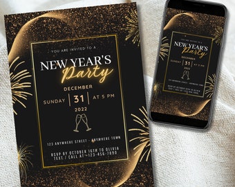 Plantilla de invitación de Nochevieja, invitación digital, invitación virtual, descarga digital, editable