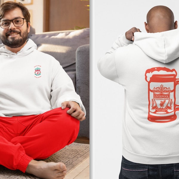 Liverpool FC Emblem Front, Cheers to the Reds Back Sweatshirt,Liverpool FC-Beer Painted Men's NUBLEND® Hooded Sweatshirt