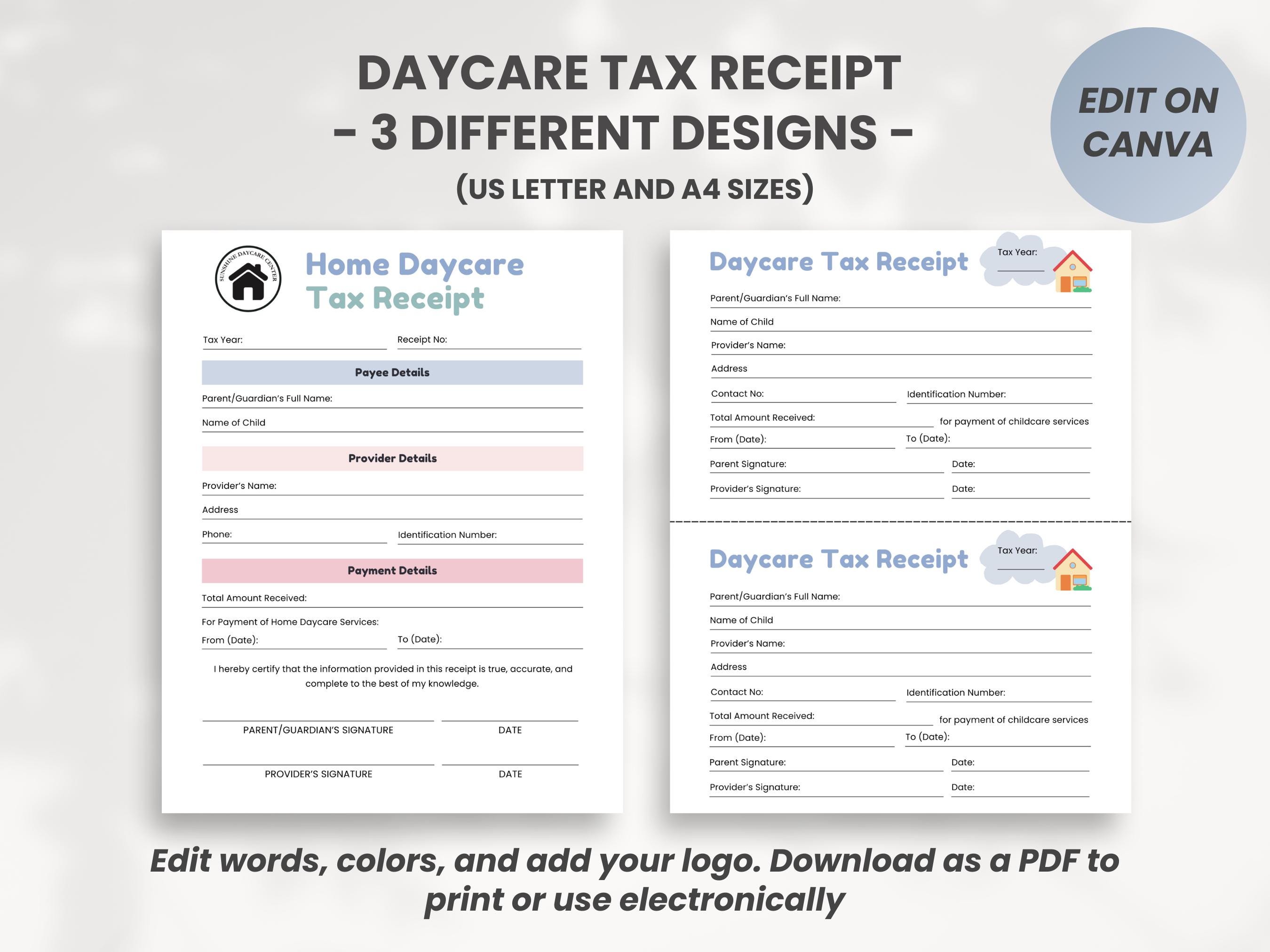 Home Daycare Tax Receipt Template, Childcare End of Year Tax Statement