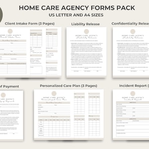 May include: A set of printable forms for a home care agency. The forms include a client intake form, liability release, confidentiality release, guarantee of payment, personalised care plan, and incident report. The forms are designed to be printed on US Letter or A4 size paper.