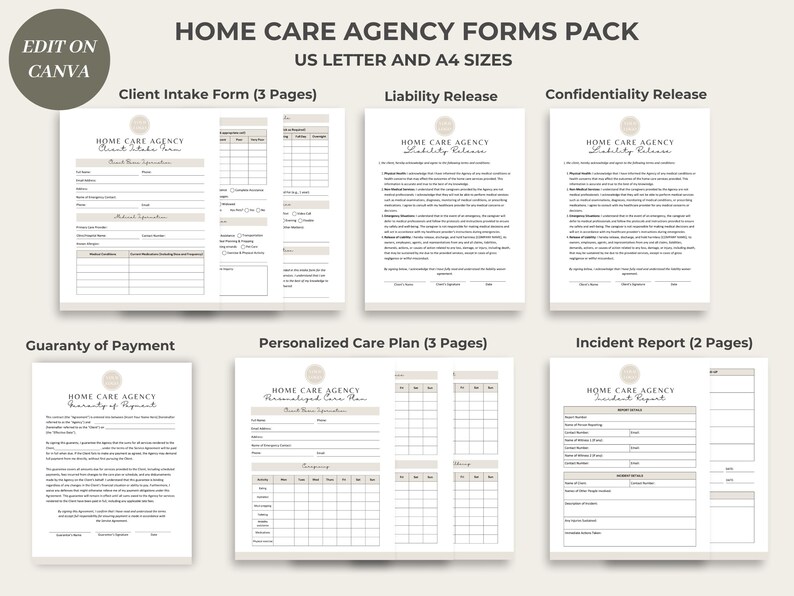 May include: A set of printable forms for a home care agency. The forms include a client intake form, liability release, confidentiality release, guarantee of payment, personalised care plan, and incident report. The forms are designed to be printed on US Letter or A4 size paper.