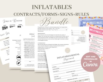 May include: A printable bundle of contracts, forms, signs, and rules for inflatable rentals. The bundle includes a rental agreement, price list, safety rules, and a leave a review sign. The text on the image reads "Inflatable Contracts/Forms+Signs+Rules Bundle".