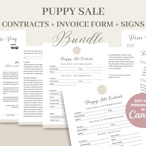 May include: A printable bundle of forms for selling puppies. The bundle includes contracts, an invoice form, and signs. The forms are designed to be edited and personalized in Canva. The forms are in a light gray and white color scheme with a pink accent color.