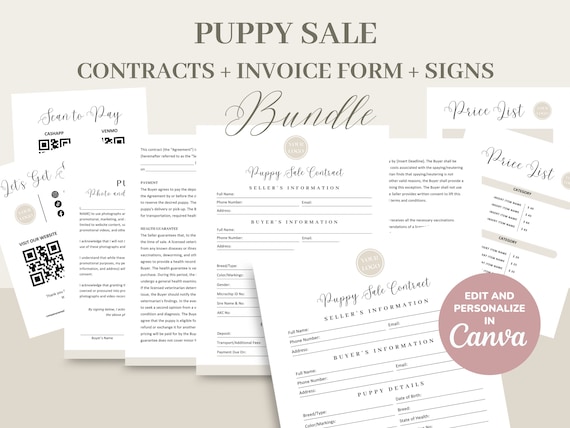 Puppy Sale Contract Agreement Template, Dog Breeder Forms, Puppy Adoption Agreement Template, Dog Breeding Invoice, Business Signs, CANVA
