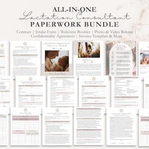 May include: An "All-In-One Lactation Consultant Paperwork Bundle" is displayed. The bundle includes a contract, intake form, welcome booklet, photo & video release, confidentiality agreement, invoice template, and more. The documents are in shades of white, beige, and pink.