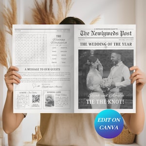 May include: A black and white wedding newspaper with the headline "The Newlyweds Post" and a photo of a couple. The newspaper includes a word search puzzle, a message to guests, and the text "Elijah and Amelia TIE THE KNOT!"