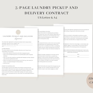 May include: A three-page contract for laundry pickup and delivery services. The contract includes sections for laundry services, payment and nonpayment details, and responsibilities of both the client and the company. The contract is formatted in a clean, modern style with a simple, elegant design.