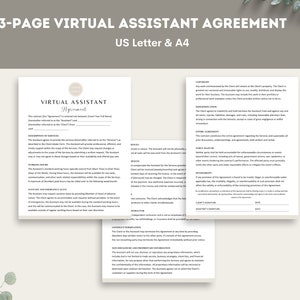 May include: A 3-page virtual assistant agreement contract template in US Letter and A4 sizes. The document includes sections for description of services, working hours, emergency access, confidentiality, contract termination, and client signature.