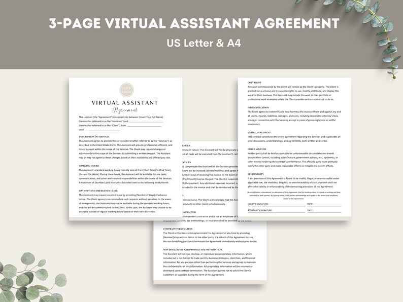 May include: A 3-page virtual assistant agreement contract template in US Letter and A4 sizes. The document includes sections for description of services, working hours, emergency access, confidentiality, contract termination, and client signature.