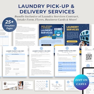 May include: A bundle of laundry service templates, including contracts, intake forms, flyers, and business cards. The design features a blue and white color scheme with the text "LAUNDRY PICK-UP & DELIVERY SERVICES" and "EDIT ON CANVA".