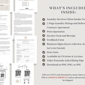May include: A digital download for a laundry service business includes a client intake form, a 3-page laundry pickup and delivery contract agreement, a price quotation, an invoice form and receipt, a feedback form, business signs, price lists, and video tutorials with editing tips. The download is available in US Letter and A4 sizes and can be downloaded as a PDF, PNG, or JPG.