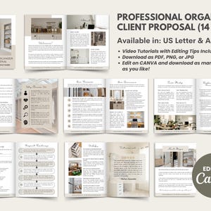 Puede incluir: Folleto de 14 p&aacute;ginas titulado "Propuesta de cliente para organizador profesional", disponible en tama&ntilde;os US Letter y A4. Incluye tutoriales en v&iacute;deo y se puede descargar en PDF, PNG o JPG. Se puede editar en Canva.