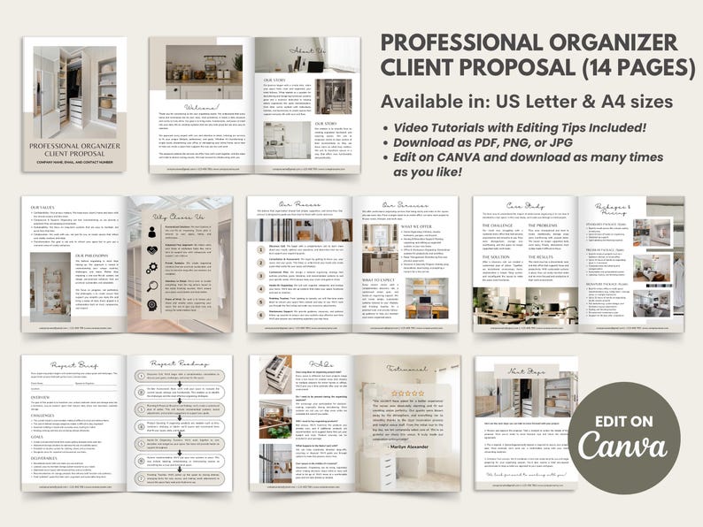Puede incluir: Folleto de 14 p&aacute;ginas titulado "Propuesta de cliente para organizador profesional", disponible en tama&ntilde;os US Letter y A4. Incluye tutoriales en v&iacute;deo y se puede descargar en PDF, PNG o JPG. Se puede editar en Canva.