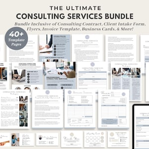 May include: A digital consulting services bundle featuring over 40 template pages including a consulting contract, client intake form, flyers, invoice template, and business cards. The documents display professional layouts with text and QR codes.
